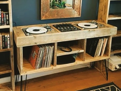 Rustic industrial DJ stand with deck and mixer compartments, on hairpin legs