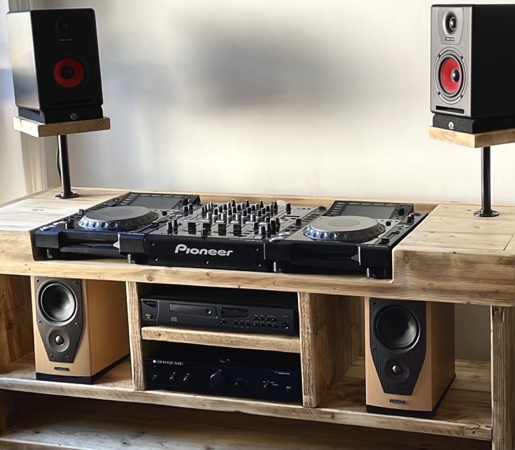 Drop-front DJ unit for CDJ and controllers with multiple storage shelves