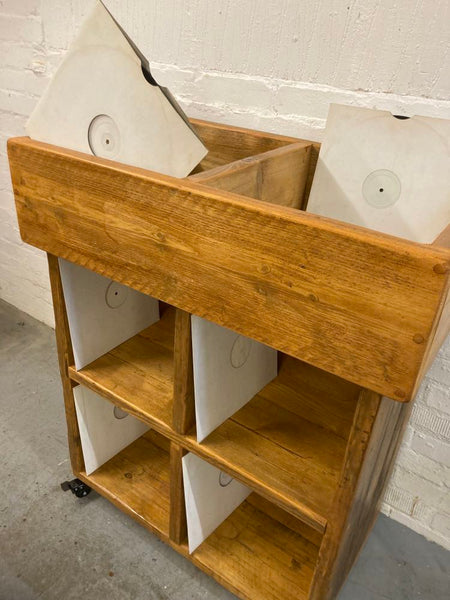 Reclaimed wood vinyl record storage trolley cabinet on wheels