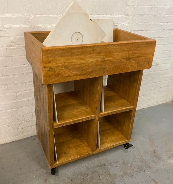 Reclaimed wood vinyl record storage trolley cabinet on wheels