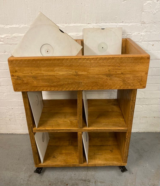 Reclaimed wood vinyl record storage trolley cabinet on wheels