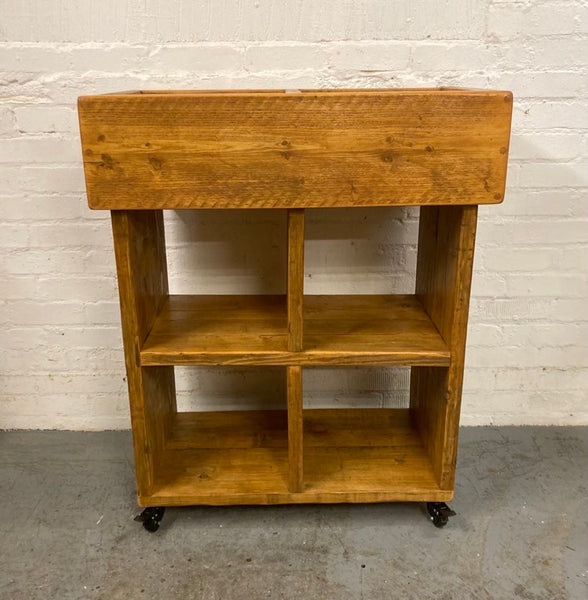 Reclaimed wood vinyl record storage trolley cabinet on wheels