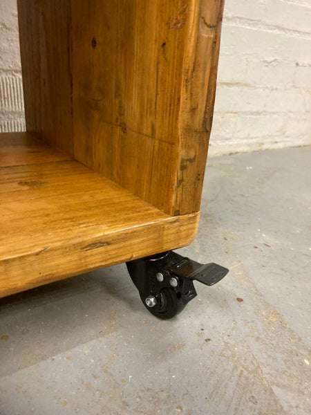 Reclaimed wood vinyl record storage trolley cabinet on wheels