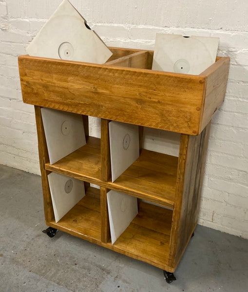 Reclaimed wood vinyl record storage trolley cabinet on wheels