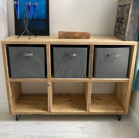 Reclaimed wood storage unit compatible with Ikea Drona baskets