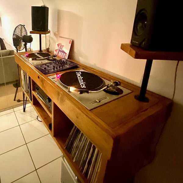 Reclaimed wood custom DJ stand in mid oak with black hairpin legs