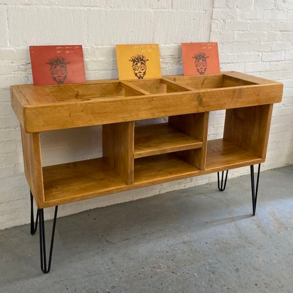 Reclaimed wood custom DJ stand in mid oak with black hairpin legs