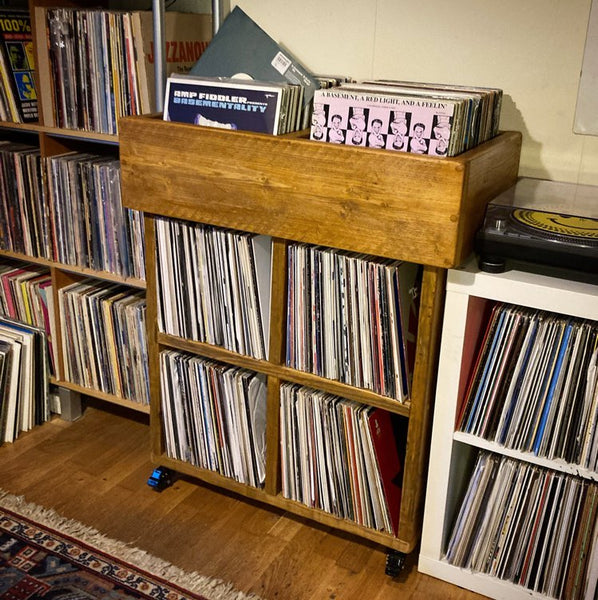 Reclaimed wood vinyl record storage trolley cabinet on wheels