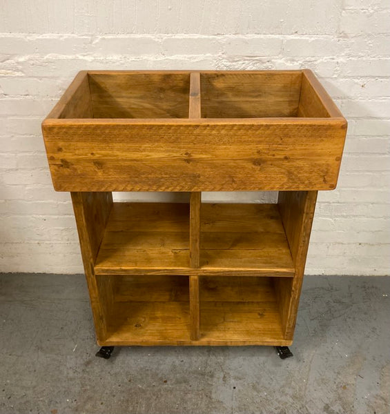 Reclaimed wood vinyl record storage trolley cabinet on wheels