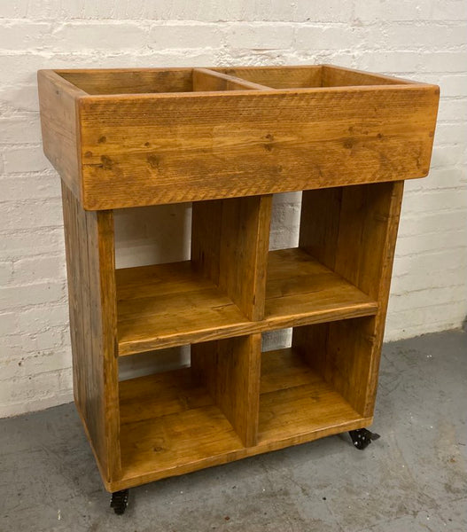 Reclaimed wood vinyl record storage trolley cabinet on wheels