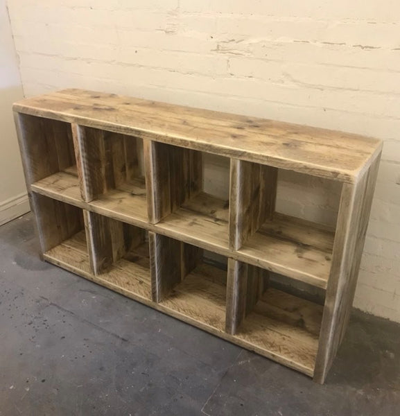 Rustic vinyl record storage and media unit, from reclaimed scaffold boards