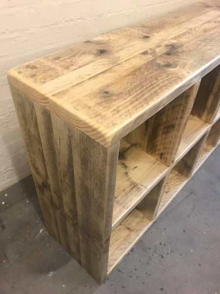 Rustic vinyl record storage and media unit, from reclaimed scaffold boards