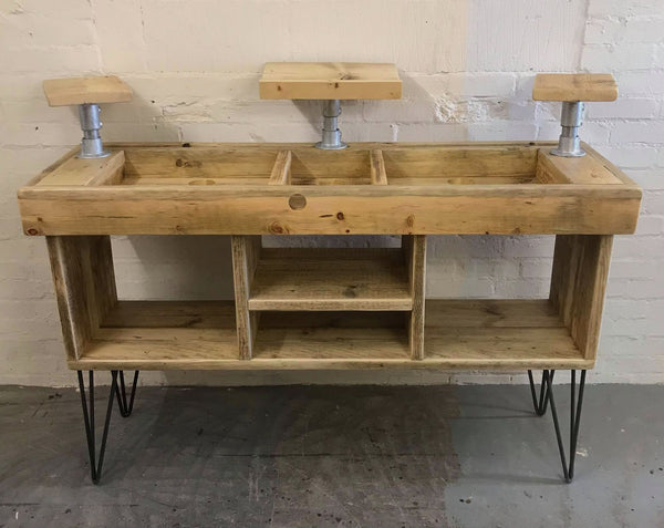 Rustic industrial DJ stand with deck and mixer compartments, on hairpin legs