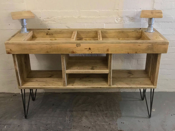 Rustic industrial DJ stand with deck and mixer compartments, on hairpin legs