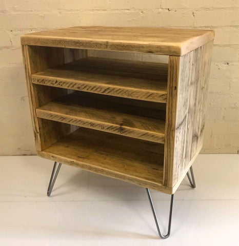 Rustic hifi media CD storage unit from reclaimed scaffold boards on steel hairpin legs