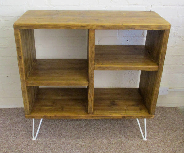 Rustic vinyl record storage unit from reclaimed scaffold boards on white hairpin legs