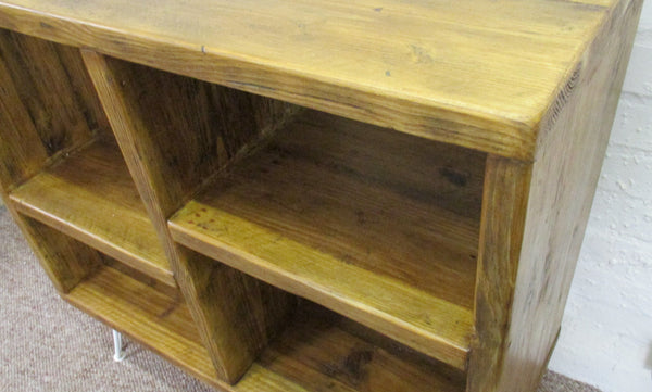 Rustic vinyl record storage unit from reclaimed scaffold boards on white hairpin legs