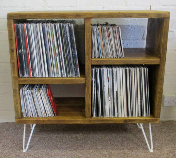 Rustic vinyl record storage unit from reclaimed scaffold boards on white hairpin legs