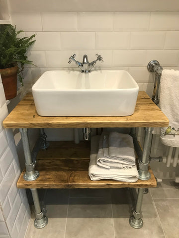 Rustic industrial sink vanity unit, from reclaimed scaffold boards, with steel scaffold frame