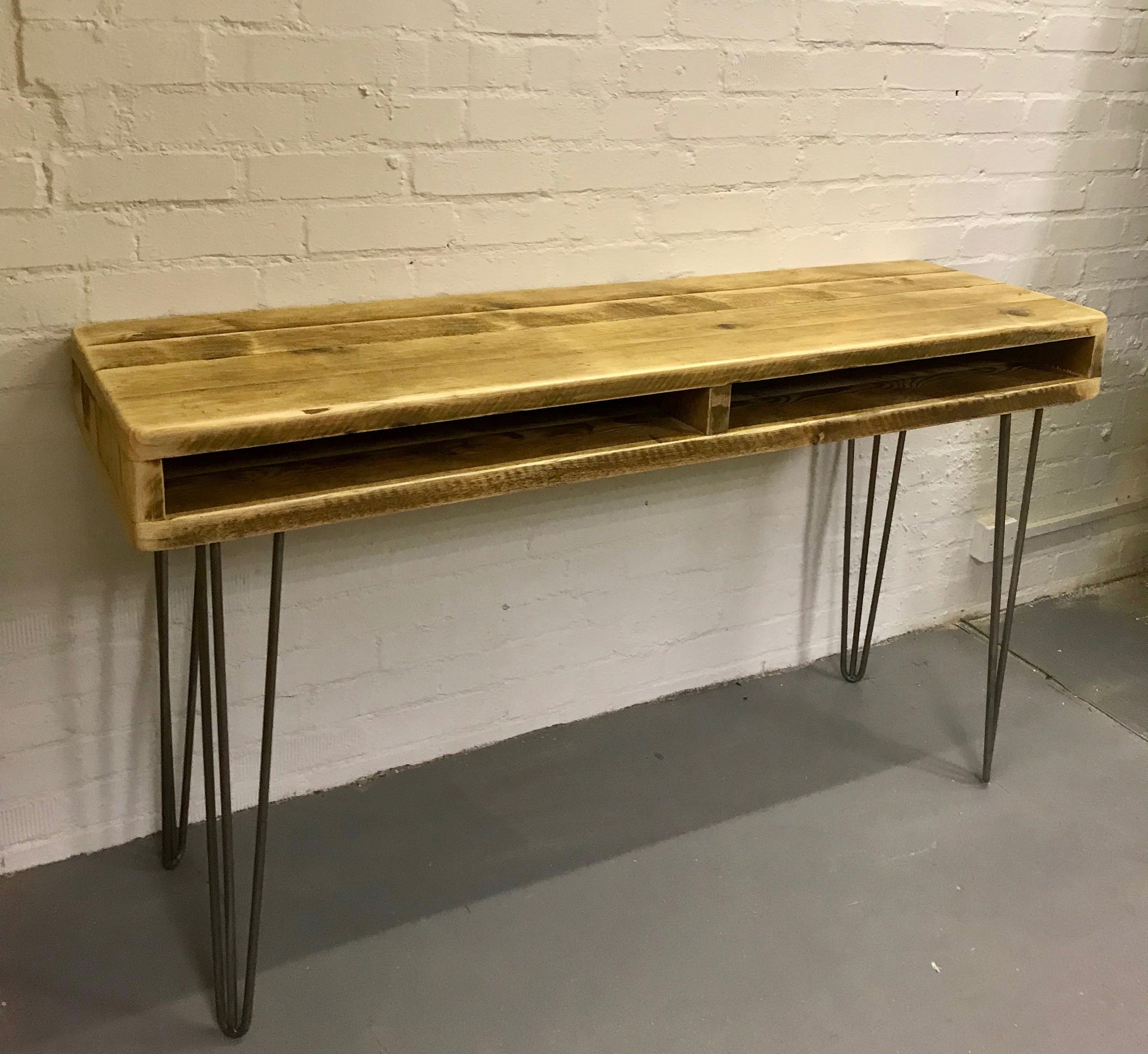 Rustic industrial DJ deck stand, reclaimed scaffold boards on raw steel hairpin legs