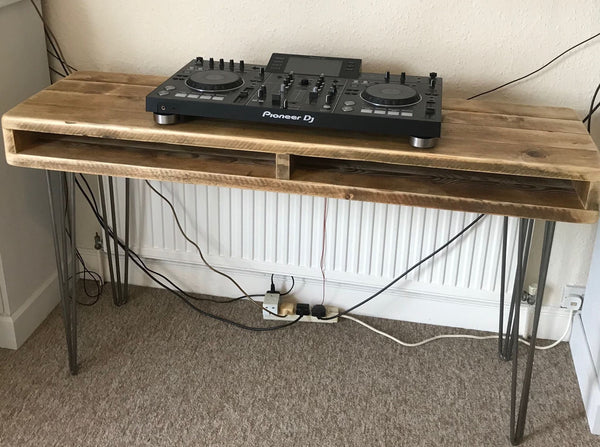 Rustic industrial DJ deck stand, reclaimed scaffold boards on raw steel hairpin legs