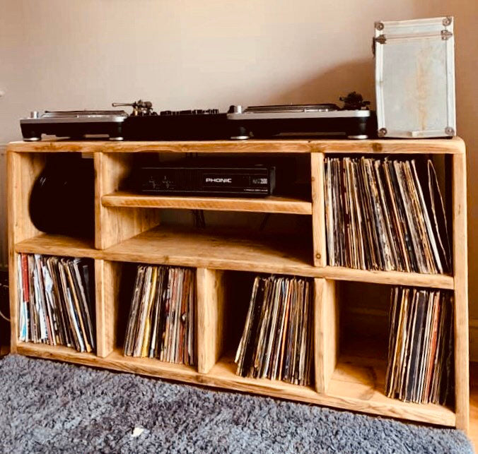 Rustic industrial DJ record storage and media unit, from reclaimed timber