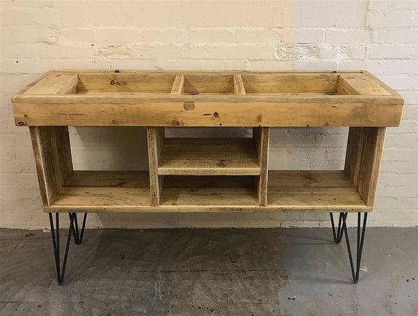 Rustic industrial DJ stand with deck and mixer compartments, on hairpin legs