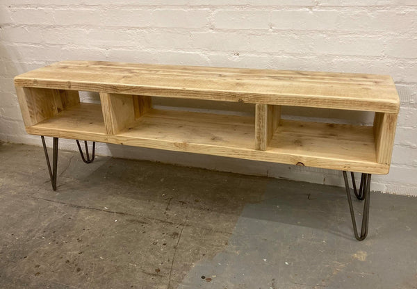 Rustic TV / media unit from reclaimed scaffold boards with steel legs