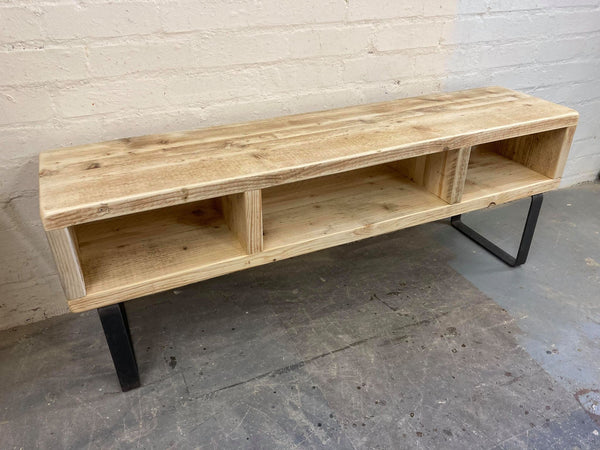 Rustic TV / media unit from reclaimed scaffold boards with steel legs