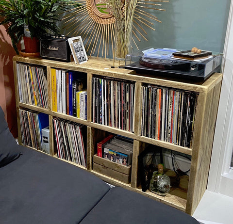 Rustic vinyl record storage and media unit, from reclaimed scaffold boards